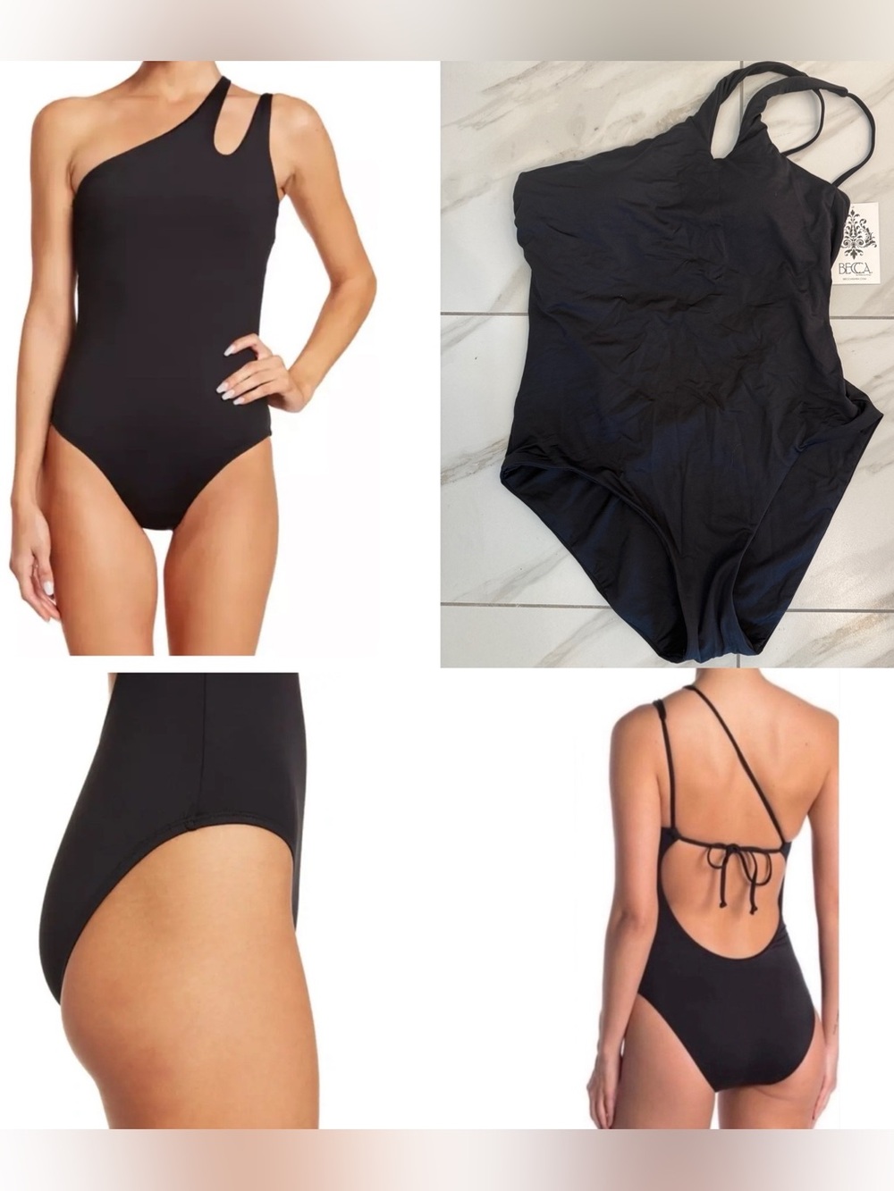 BECCA Swim Solid Black Asymmetrical Split Shoulder Strap One-Piece Swimsuit